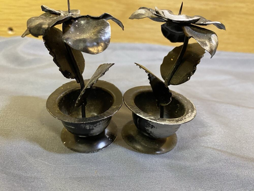 Vintage Black Metal Candle Holders Made Like Potted Flower Hong Kong 3” Tall